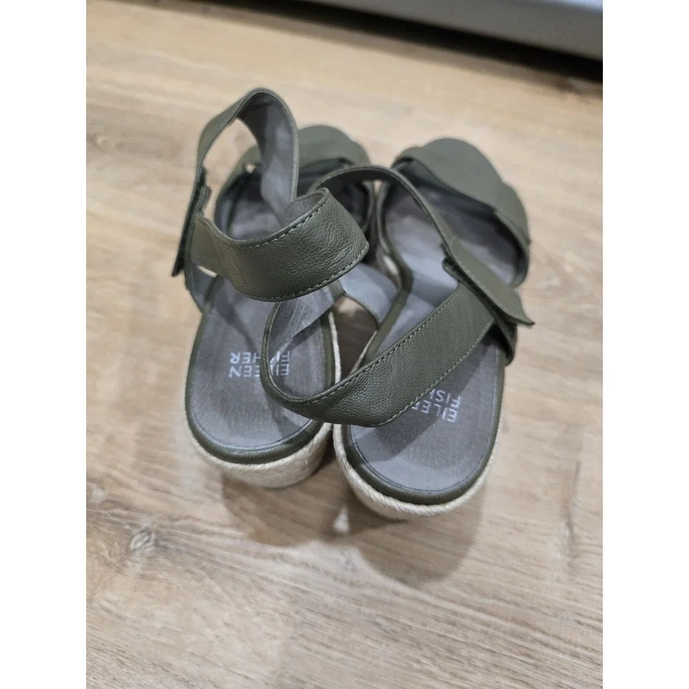 EILEEN FISHER Women's Size 8‎ Olive Green Leather Espadrille Wedge Sandals